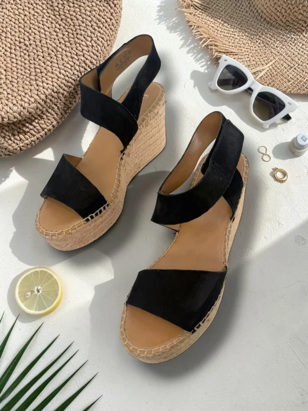Franco Sarto Tulsa Black Leather Rope Espadrille Wedge Sandals 10